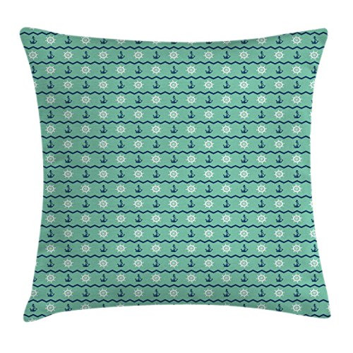 Ambesonne Mint Throw Pillow Cushion Cover, Steering Wheels Anchors Chevron Zigzag Nautical Seaside Theme Aquatic, Decorative Square Accent Pillow Case, 18" X 18", Mint Green Navy Blue White