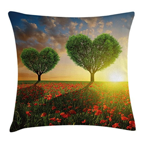 Ambesonne Valentine's Day Throw Pillow Cushion Cover, Poppy Field Heart Shaped Trees Sunset Cloudy Sky Rural Romantic Meadow, Decorative Square Accent Pillow Case, 18" X 18", Green Red Blue