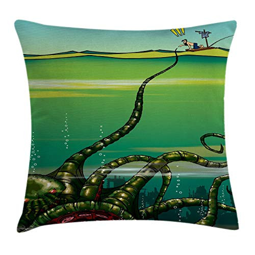Ambesonne Octopus Throw Pillow Cushion Cover, Cartoon Monster Kraken Octopus with Giant Tentacles Underwater with a Sailor Retro Art, Decorative Square Accent Pillow Case, 18" X 18", Green