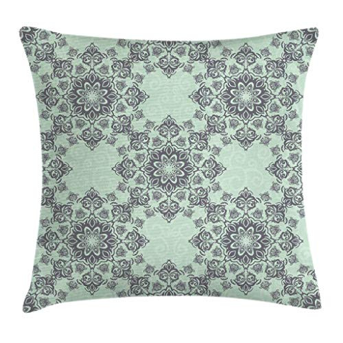 Lunarable Grey and Mint Throw Pillow Cushion Cover, Baroque Style Damask Motifs Tile Pattern Old Fashioned Classical, Decorative Square Accent Pillow Case, 18" X 18", Mint Green and Grey