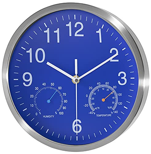 Non Ticking Silent Wall Clocks Battery Operated,10 Inch Excellent Accurate Sweep Movement Clock with Thermometer and Hygrometer,Decorative for Kitchen,Living Room,Bathroom,Office,Bedroom-Blue-