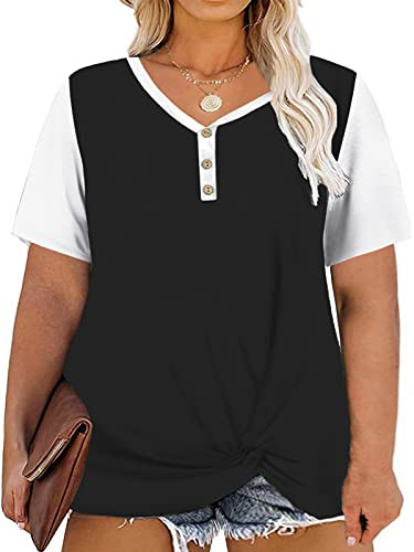 Plus Size Tops for Women 3X Casual Loose Button Up Henley Shirts Black 22W
