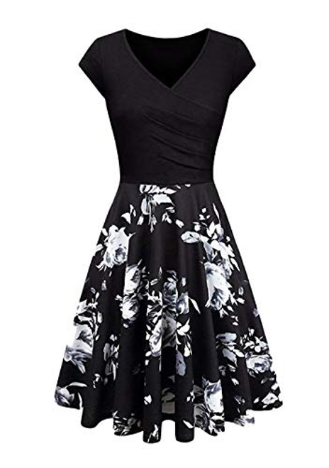 OMZIN Women's V Neck Polka Mini Sexy Casual Dresses Short Sleeve Wrap Summer Party Dresses Black Floral 2XL OMZIN Women's V Neck Polka Mini Sexy Casual Dresses Short Sleeve Wrap Summer Party Dresses Black Floral 2XL