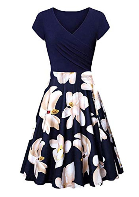 OMZIN Women Floral Printed A-line Dress Casual V Neck Midi Swing Dress Summer Beachwear Party Dress White Floral XL OMZIN Women Floral Printed A-line Dress Casual V Neck Midi Swing Dress Summer Beachwear Party Dress White Floral XL