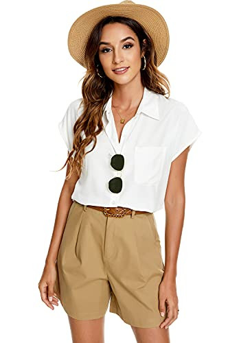 JMSHIHUA Womens Casual V Neck Batwing Short Sleeve Button Down Shirts Official Blouses with Pocket White