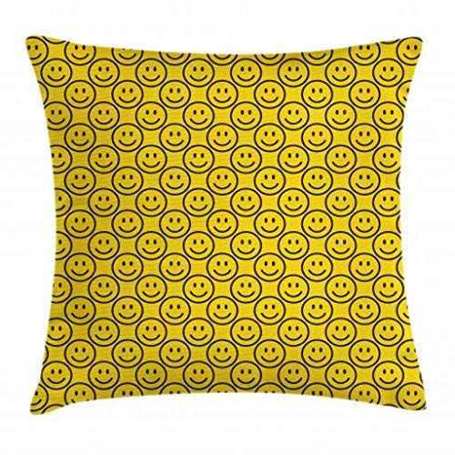 Ambesonne Emoticon Throw Pillow Cushion Cover, Smiling Faces Expressing Happiness in Diagonal Joyful Childhood, Decorative Square Accent Pillow Case, 18" X 18", Dark Army Green and Yellow