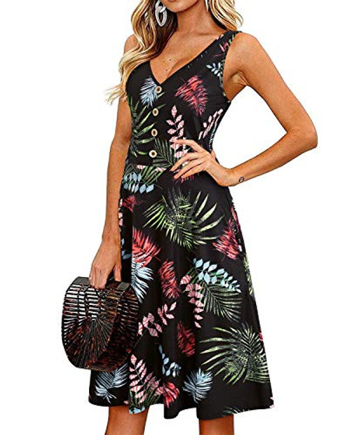 II ININ Women's Casual Summer V Neck Sleeveless Button Down Tank Dress Midi Floral Beach Party Sundress with Pockets-Floral 4,S-