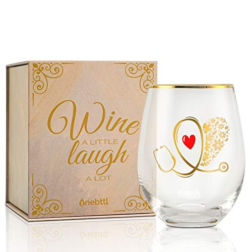 Nurse Gifts, Stemless Wine Glasses 500 ml, Perfect for Nursing Graduation, Practitioner, Medical Assistant, Nurses Week, Thank You Gifts for Nurses, Floral Stethoscope, Gold