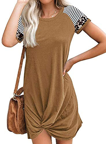 ROSKIKI Womens Casual Loose Dress Beach Cover Up Short Sleeve Pacthwork V-Neck Summer Front Twist Knot Mini T-Shirt Dress Brown Medium