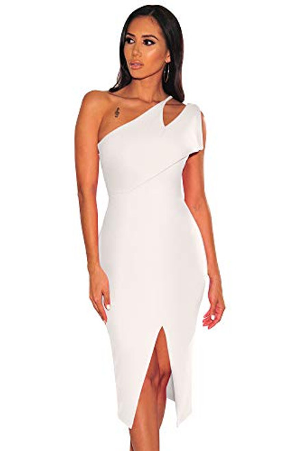 Aecibzo Women's One Shoulder Split Bodycon Party Club Cocktail Evening Midi Dress -S, White- Aecibzo Women's One Shoulder Split Bodycon Party Club Cocktail Evening Midi Dress -S, White-