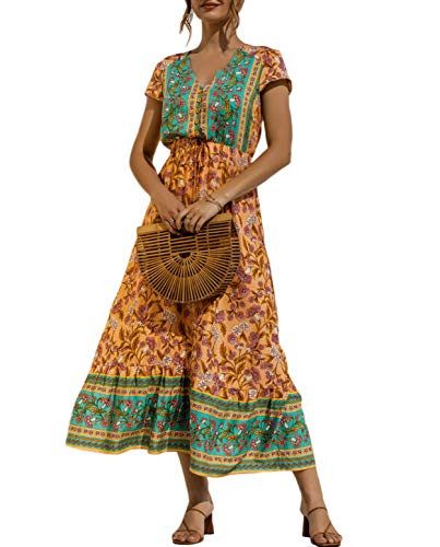 ZILIN Womens Boho Style Floral Print Maxi Dress V Neck Short Sleeve Button Up A-Line Drawstring Ruffle Dresses Yellow Green