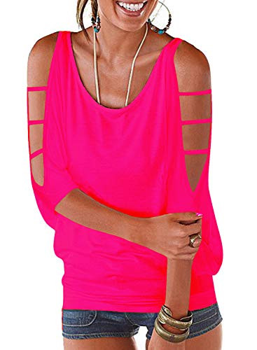 LEIYEE Womens Hot Pink Summer Cold Shoulder Tops 3/4 Sleeve T Shirts Pullover Casual Dolman Blouses XL