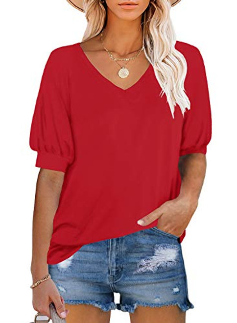 DOROSE Womens T Shirts Basic V Neck Tee Loose Fitting Casual Short Sleeve Tops -Red, Medium- DOROSE Womens T Shirts Basic V Neck Tee Loose Fitting Casual Short Sleeve Tops -Red, Medium-