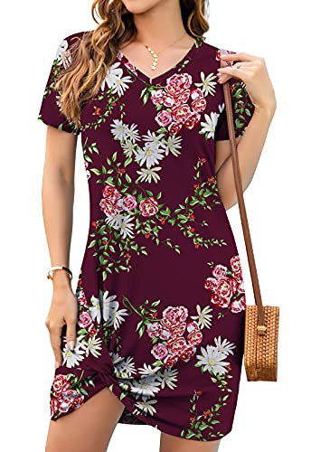 WANGZHI Women Summer Short Sleeve Loose Tshirt Dress V Neck Front Knot Twist Casual Dresses -YH-Wine red,X-Large-