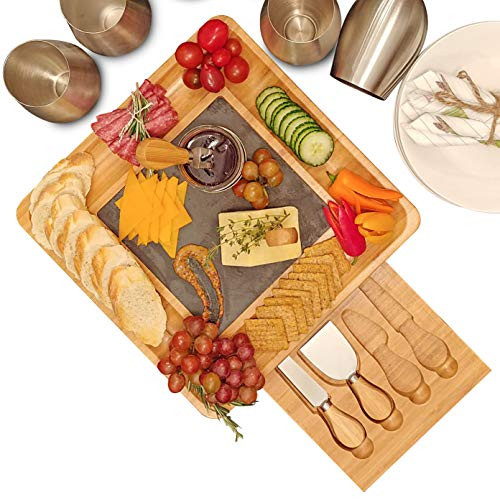 Premium Bamboo Cheese Board and Cutlery Set with Slate Centerpiece, Wood Charcuterie Platter, Serving Meat Board with Slide-Out Drawer with 4 Stainless Steel Knife and Server Set