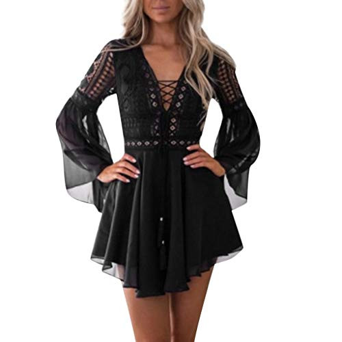 Shakumy Women Lace Bandage Long Sleeve Cocktail Party Dress Lace up V Neck Sexy Mini Dress Elegant Wedding Swing Dress