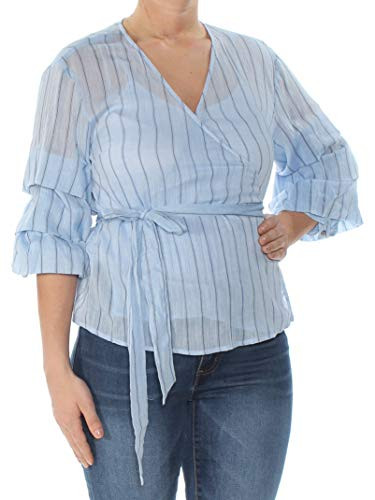 Bar III Printed Surplice Ruffled-Sleeve Top -Air Blue, L-