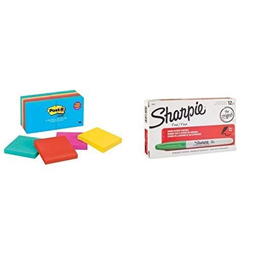 Sharpie Permanent Markers, Fine Point, Green, Box of 12 and Post-it Notes, Jaipur Collection, 14 Pads Bundle