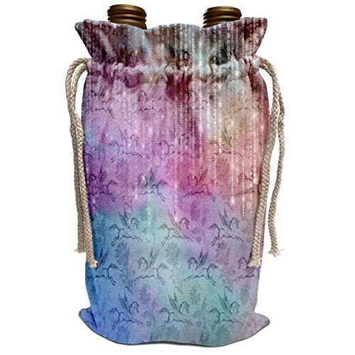 3dRose Pretty Pink, Blue Unicorn Floral With Image Of String Lights - Wine Bags -wbg-341317-1- 3dRose Pretty Pink, Blue Unicorn Floral With Image Of String Lights - Wine Bags -wbg-341317-1-
