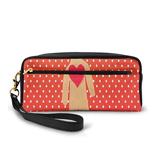 Pencil Case Pen Bag Pouch Stationary,Paper Man Figure With A Heart On Polka Dotted Background,Small Makeup Bag Coin Purse