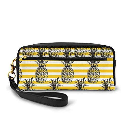 Pencil Case Pen Bag Pouch Stationary,Retro Striped Background With Pineapple Figures Vintage Hippie Graphic,Small Makeup Bag Coin Purse