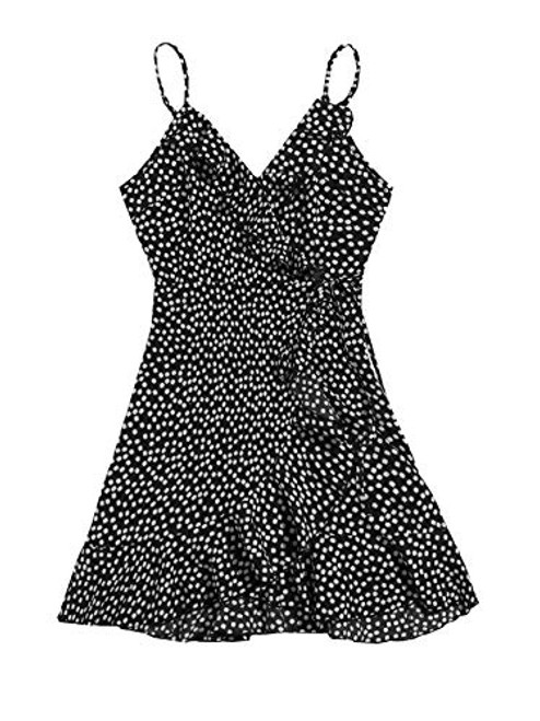 Verdusa Women's Floral Print V Neck Ruffle Trim Wrap Belted A Line Cami Dress Black M