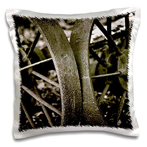 3dRose Stamp City - miscellaneous - Black and white photograph of rusted old abandoned wagon wheels. - 16x16 inch Pillow Case -pc-320190-1-