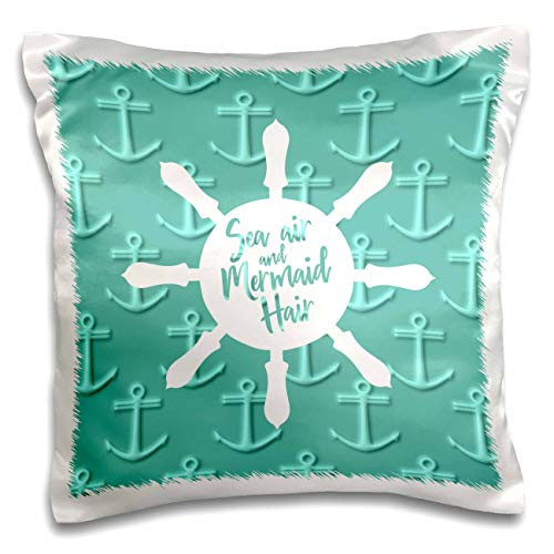 3dRose Russ Billington Tile Designs- Nautical Whimsy - Mermaid Hair- Nautical Anchors and Ships Wheel Design- not embossed - 16x16 inch Pillow Case -pc-311165-1-