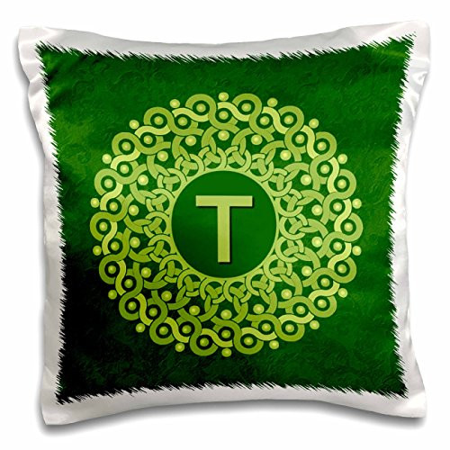3dRose Monogram T Lime and Olive Mandala On Forest Green Muted Grunge Damask Pillow Case, 16 x 16