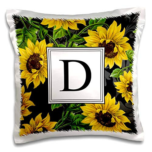 3dRose InspirationzStore - Monograms - Sunflower Letter D Monogram black and yellow flowers classic floral - 16x16 inch Pillow Case -pc-316169-1-
