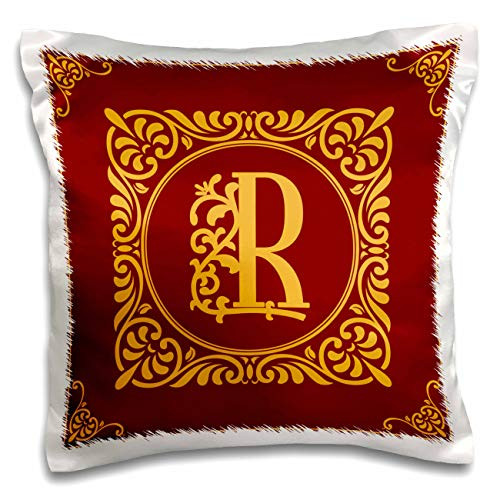 3dRose Alexis Design - Monogram Red Ornament - Beautiful ornamental burgundy, yellow monogram. Pretty initial R - 16x16 inch Pillow Case -pc-299990-1-