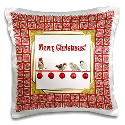3dRose Beverly Turner New Year Design - Image of Sparrows on a Red Ribbon of Ornaments, Merry Christmas - 16x16 inch Pillow Case -pc-302930-1-