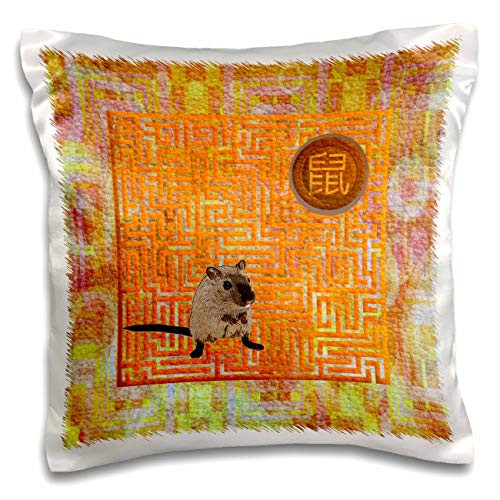 3dRose Beverly Turner Chinese New Year Design - Rat on Maze, Sign of the Rat in Chinese, Abstract, Orange, Yellow - 16x16 inch Pillow Case -pc-306448-1-