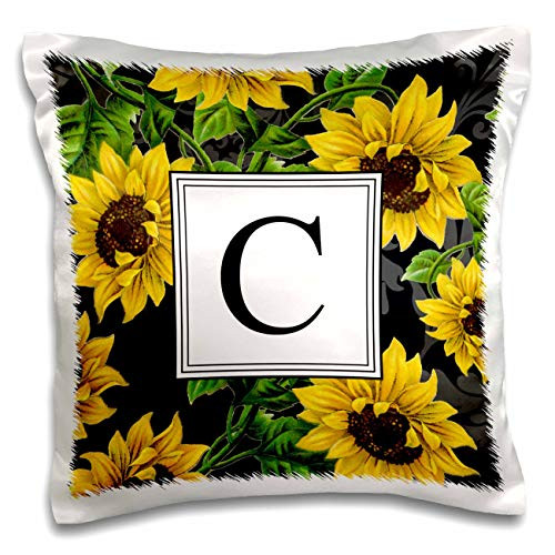 3dRose InspirationzStore - Monograms - Sunflower Letter C Monogram black and yellow flowers classic floral - 16x16 inch Pillow Case -pc-316168-1-