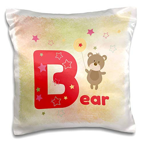 3dRose Beverly Turner Animal Alphabet - Bear with Balloon, Word with Stars on Big B, Red, Yellow, Green, Pink - 16x16 inch Pillow Case -pc-325277-1-