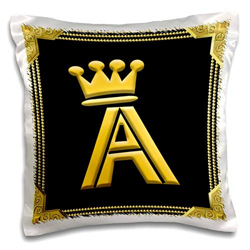 3dRose Alexis Design - Monogram King Queen - King, queen crown, rich frame. Yellow on black. Elegant letter A - 16x16 inch Pillow Case -pc-325317-1-