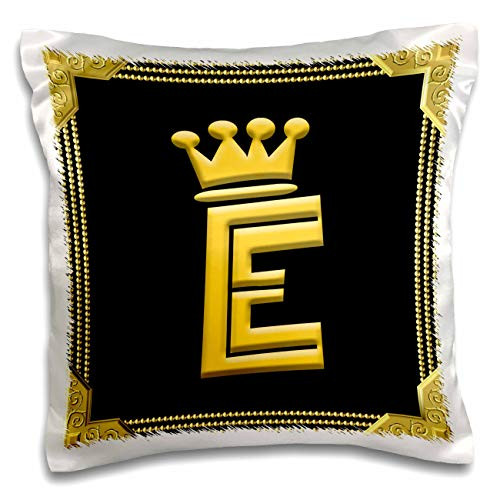 3dRose Alexis Design - Monogram King Queen - King, queen crown, rich frame. Yellow on black. Nice letter E - 16x16 inch Pillow Case -pc-325321-1-
