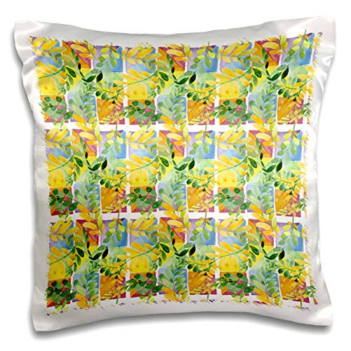 3dRose Pretty Yellow and Green Flourish Leaves On Colorful Squares. - Pillow Cases -pc-328121-1-