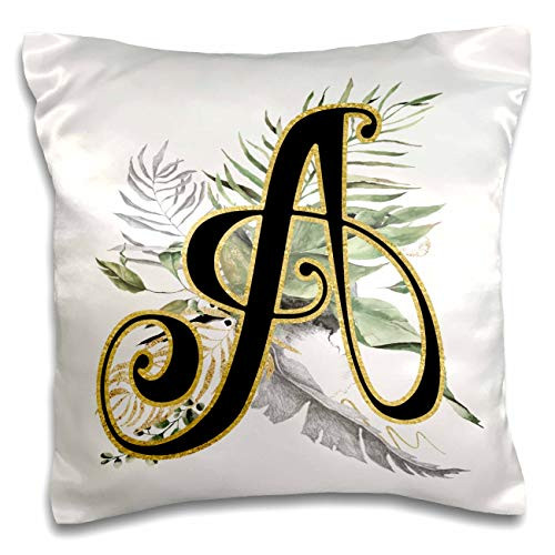 3dRose Fancy Monogram Initial A On Green Tropical Leaves - Pillow Cases -pc-341665-1-