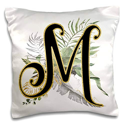 3dRose Fancy Monogram Initial M On Green Tropical Leaves - Pillow Cases -pc-341675-1-