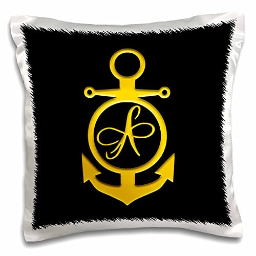 3dRose Anchor naval maritime monogram. Gold on black. Elegant letter A - Pillow Cases -pc-347947-1-