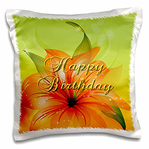3dRose Happy Birthday Orange Flower Spring Dew Green Watercolor, 3DSM - Pillow Cases -pc-348655-1-