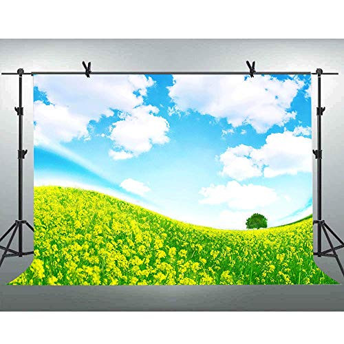 FLASIY 10X7FT Blue Sky White Clouds Photo Backdrop Yellow Flowers Photography Backgrounds for Video Outdoor Shooting Photo Booth Studio Props AYY016