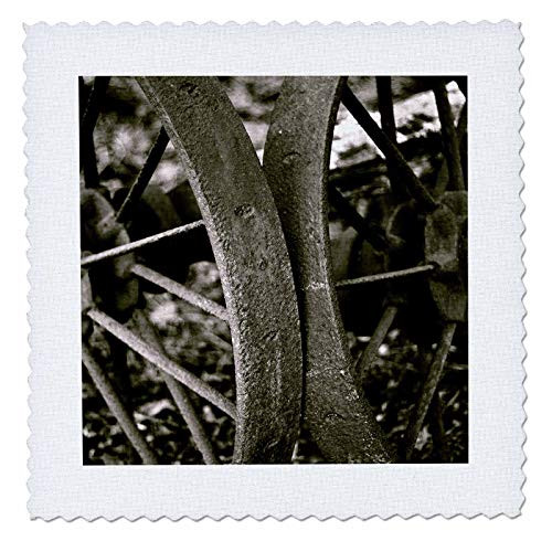3dRose Stamp City - miscellaneous - Black and white photograph of rusted old abandoned wagon wheels. - 10x10 inch quilt square -qs-320190-1-
