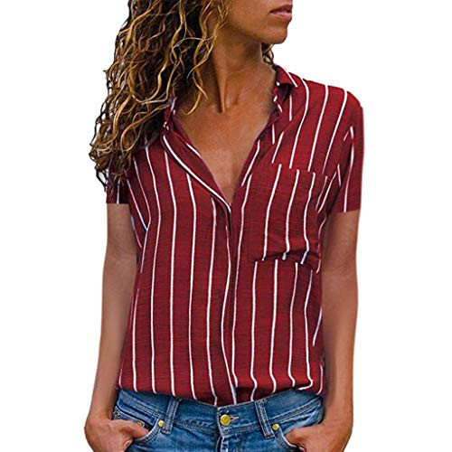 Shakumy Women Summer T-Shirt Top Stripe Printed Pocket Tunic Tee Casual Loose Button V-Neck Short Sleeve Blouses for Women Red Shakumy Women Summer T-Shirt Top Stripe Printed Pocket Tunic Tee Casual Loose Button V-Neck Short Sleeve Blouses for Women Red