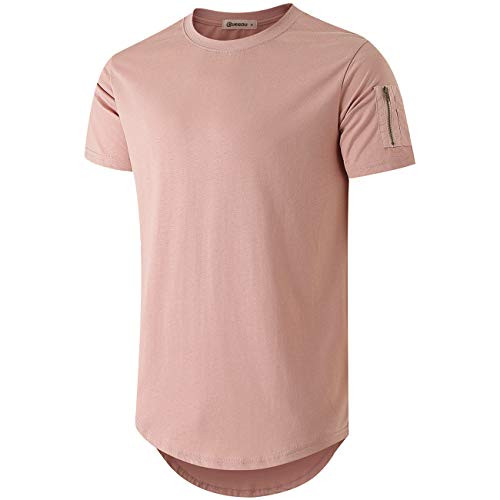 KLIEGOU TS216 Mens 100 percent Cotton Hipster Hip Hop Crewneck T-Shirt Zip Pocket Pink S