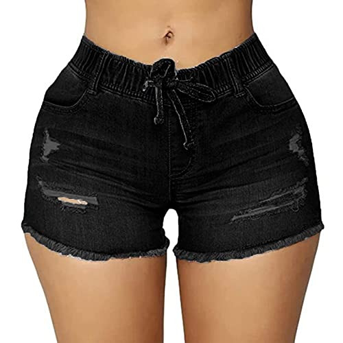 Yyibsones Women's Elastic Waist Denim Shorts Drawstring Stretchy Ripped Frayed Raw Hem Short Jeans -Black, M, m-