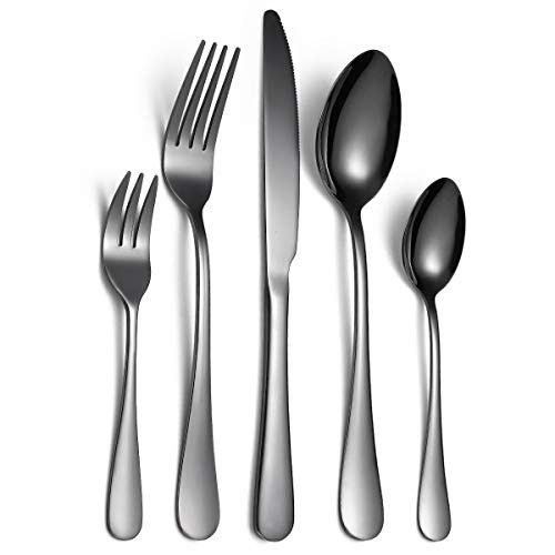 Black Silverware Set 20-Piece, Stainless Steel Flatware Cutlery Set for 4, Mirror Polished Utensils Tableware Sets, Include Knife Fork Spoon for Kitchen Service for 4
