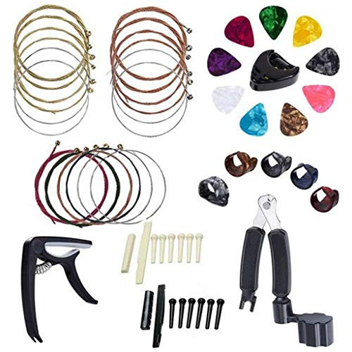 Sixinu 36PCS Guitar Tool Changing Accessories Kit Including Guitar Strings, Guitar Picks, Pick Holder, Capo, String Winder and Cutter, Thumb Finger Picks, Guitar Bones, and Storage Bag for Beginne