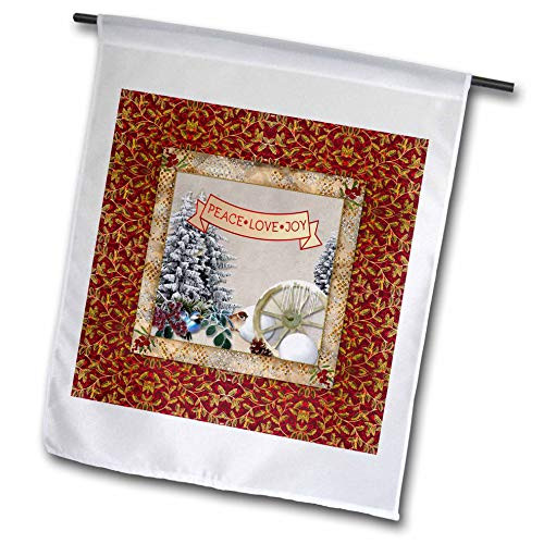 3dRose Beverly Turner Christmas Design - Peace, Joy, Love, Winter Trees, Little Bird, Wagon Wheel, Snowballs, 12 x 18 inch Garden Flag -fl-302886-1-